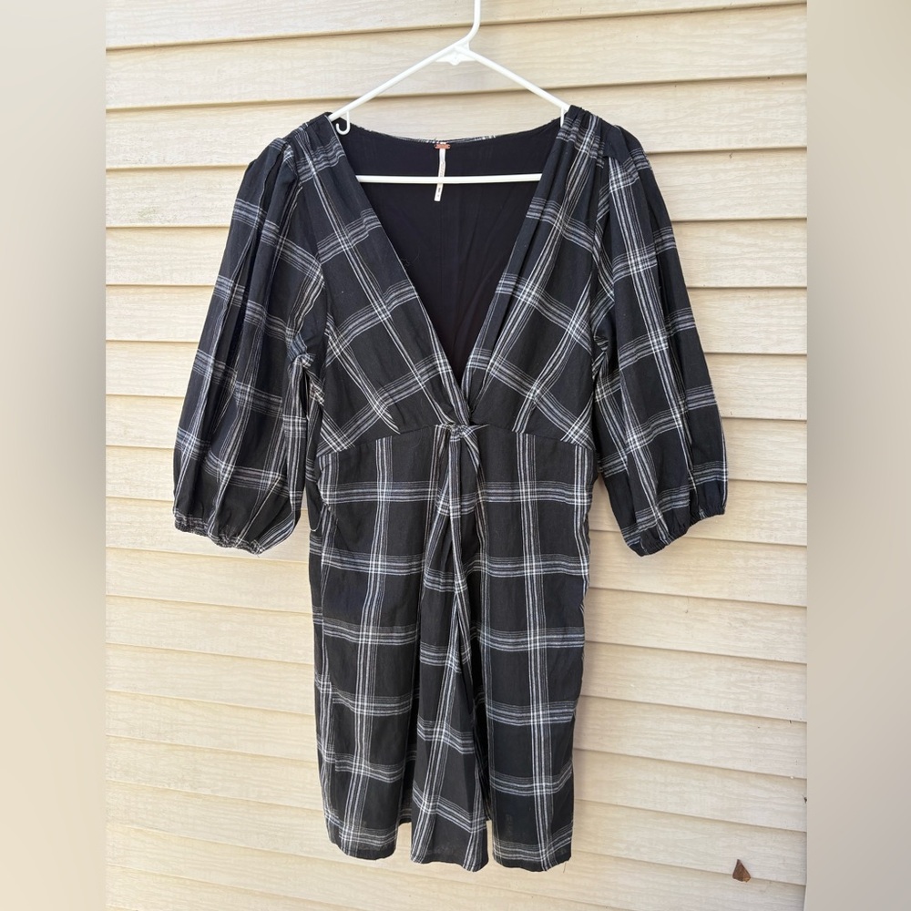 Free People Miss Molly Plaid Mini Dress Puff Sleeve Tunic